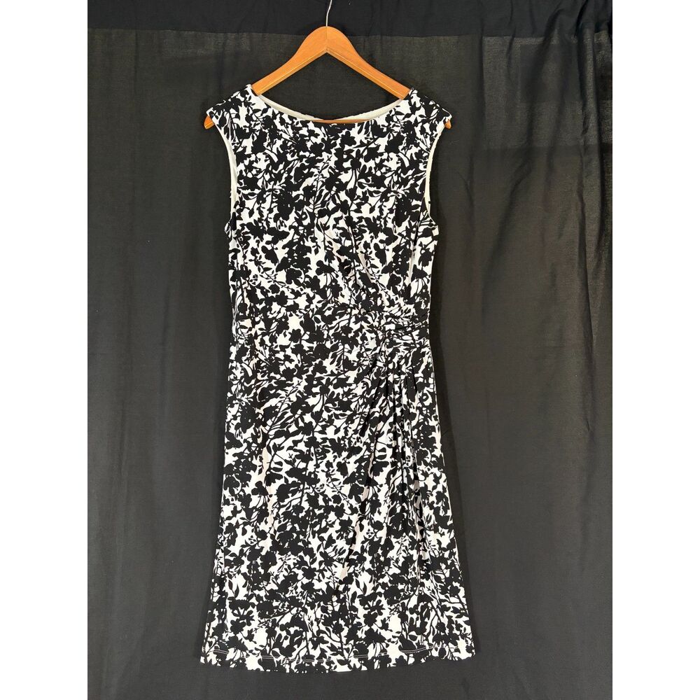 White House Black Market Floral Ruched Dress L Black White Draped Waist